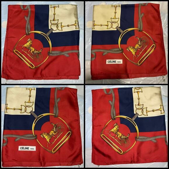 CELINE Paris 100% Silk Scarf Equestrian Motif Vintage Red Gold - Picture 4 of 16
